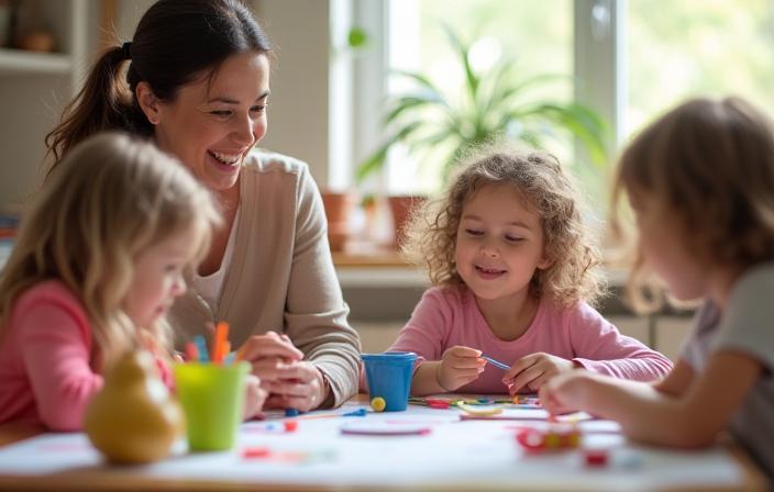 Teacher and group of children engaged in creative classroom activity